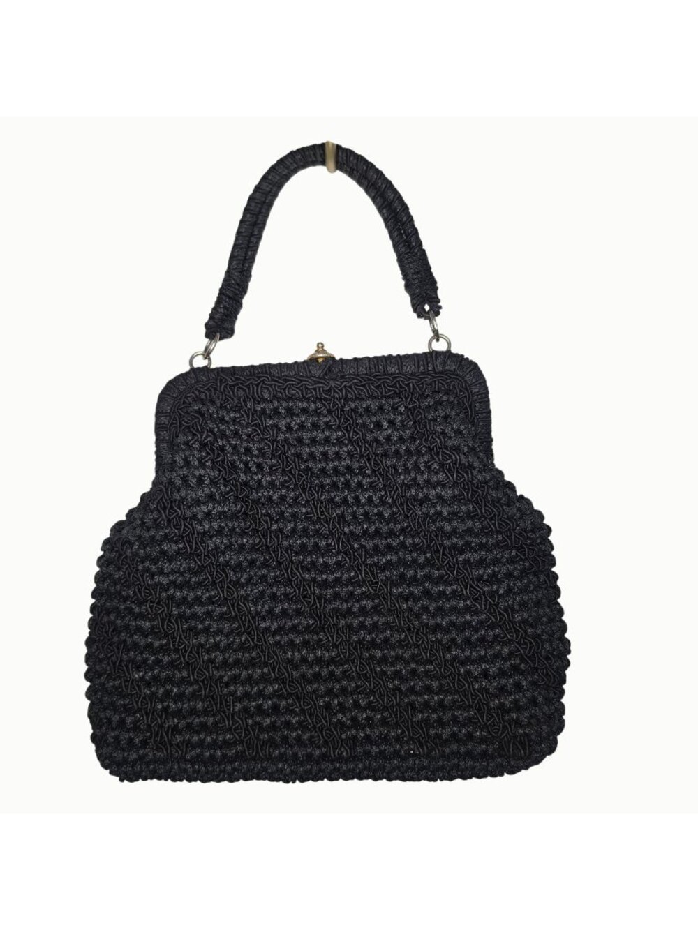 Vintage Black Raffia Handbag Made in Italy Mid Century Modern Top Handle Purse
